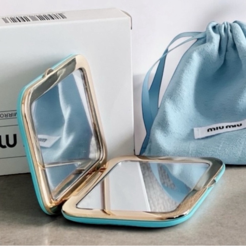 Miu Miu Blue Quilted Design Compact Mirror with Gold Logo - Picture 2 of 3